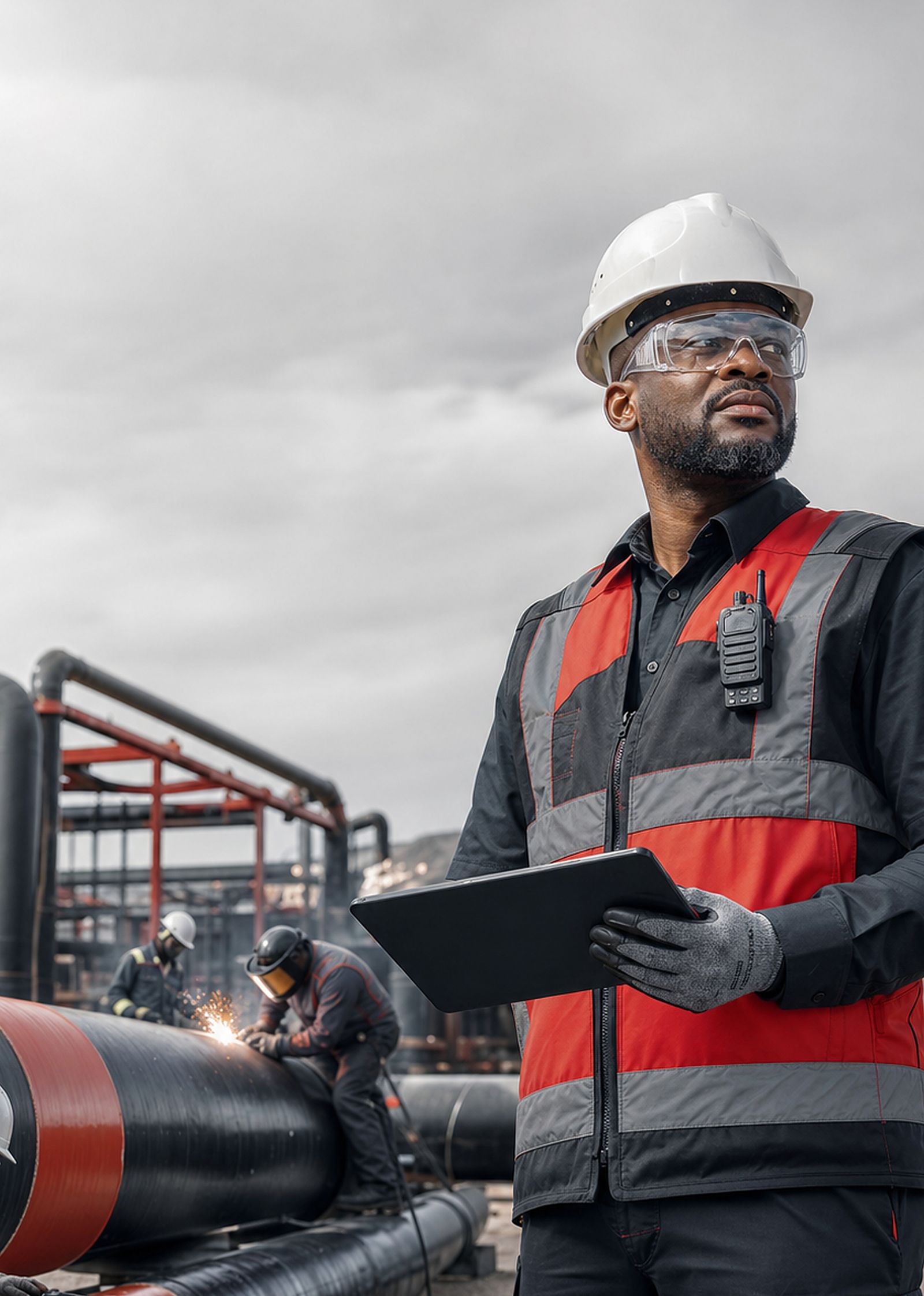 Apex inspector in PPE reviewing inspection records on a tablet at a pipeline fabrication site